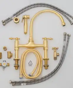 Vintage 8-inch unlacquered brass bridge faucet with lever handles for kitchen sinks