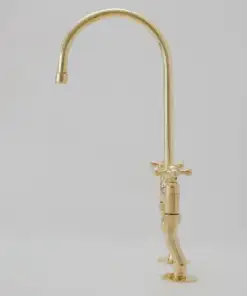 Vintage patina brass bridge kitchen faucet with curved legs and cross handles